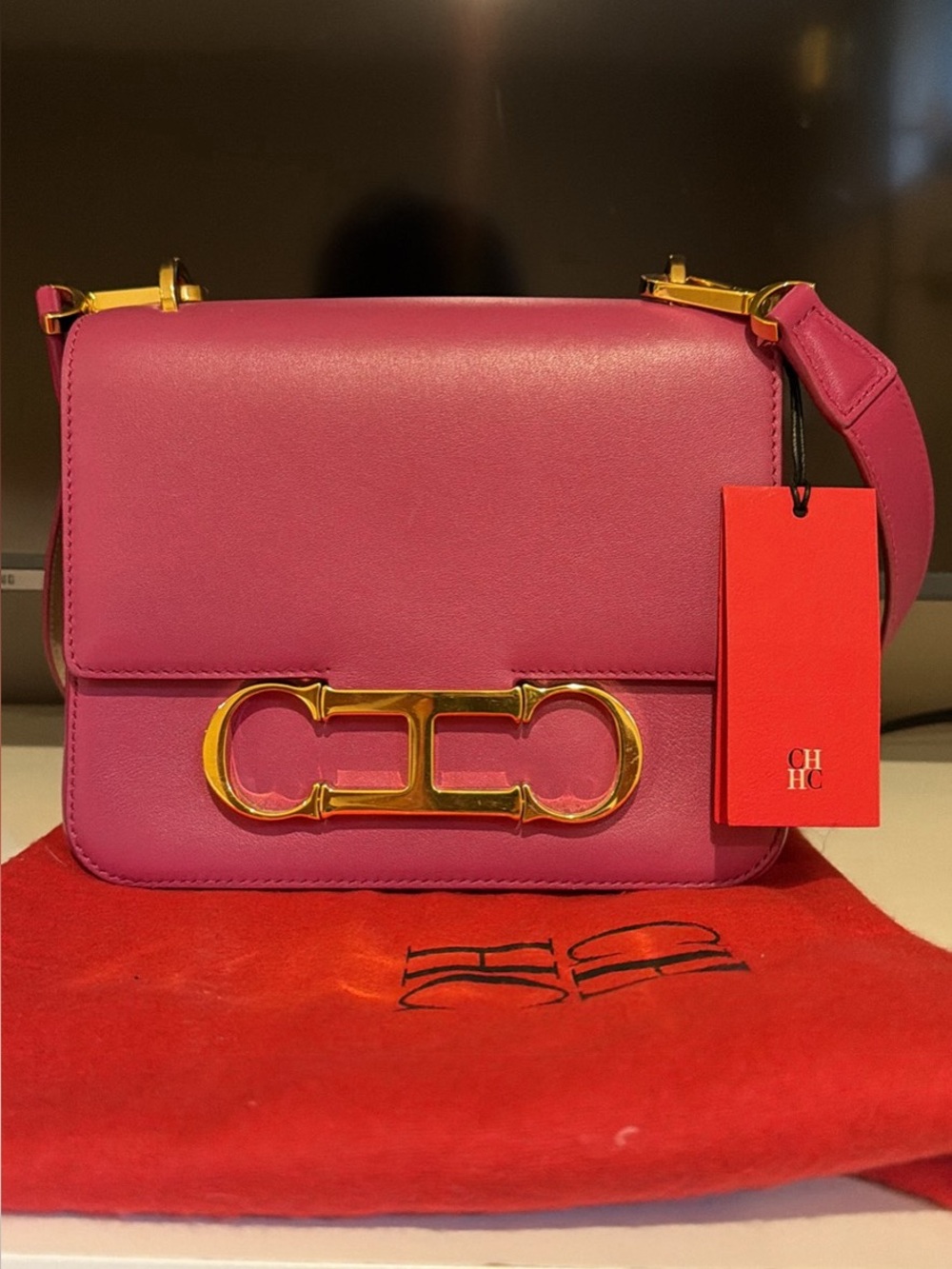 Carolina Herrera Fuchsia Leather Shoulder Bag with Gold CHC Emblem